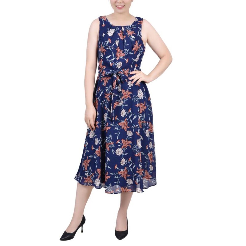 NY Collection Petite Sleeveless Chiffon Belted Dress